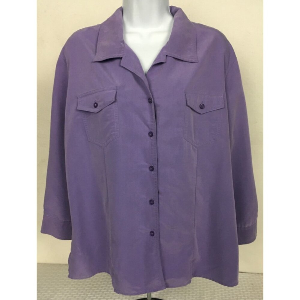 White Stag Button Down Top Women Size XL 16 to 18 Purple Front Pockets Long Slee